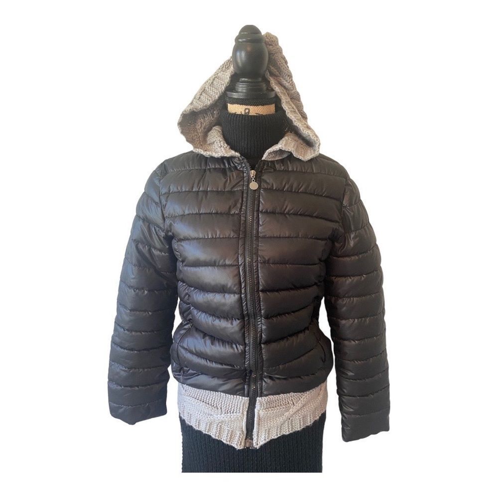 Black Puffer Jacket with Cable Knit Hood